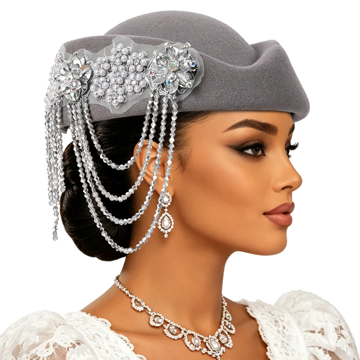 Luxury Rhinstones Church Derby Fascinator Beret Caps for Women Vintage British Felt Turban Hat Party Airline Stewardess Hat