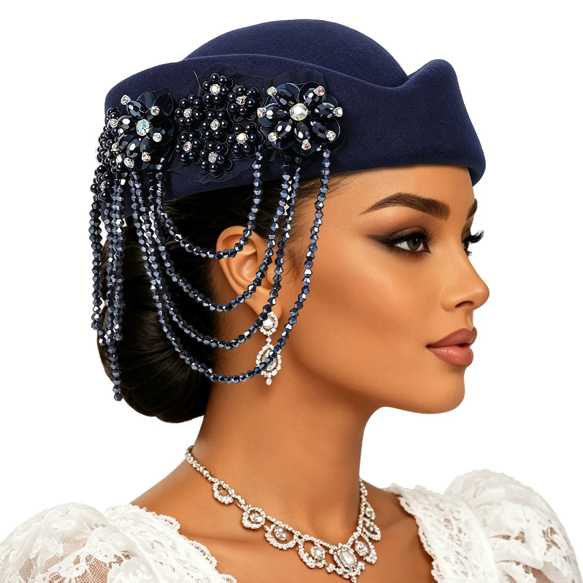 Luxury Rhinstones Church Derby Fascinator Beret Caps for Women Vintage British Felt Turban Hat Party Airline Stewardess Hat