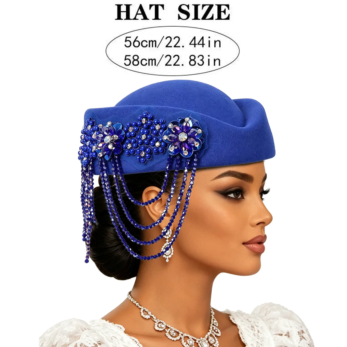 Luxury Rhinstones Church Derby Fascinator Beret Caps for Women Vintage British Felt Turban Hat Party Airline Stewardess Hat