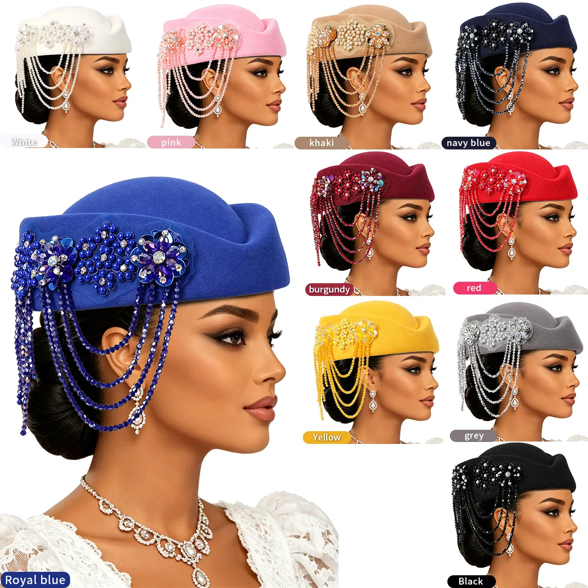 Luxury Rhinstones Church Derby Fascinator Beret Caps for Women Vintage British Felt Turban Hat Party Airline Stewardess Hat