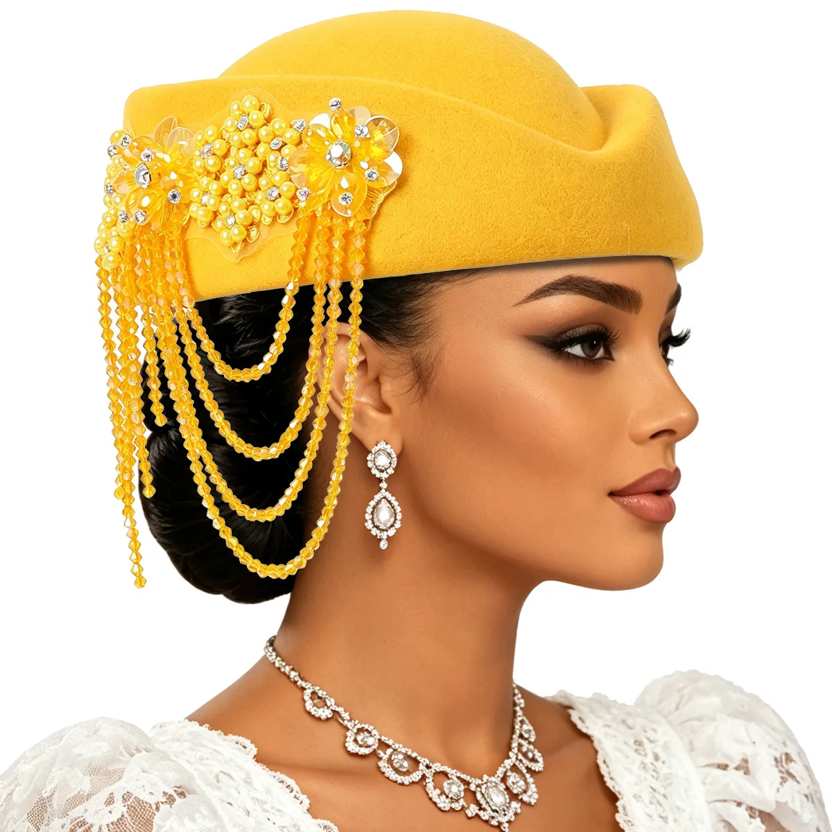 Luxury Rhinstones Church Derby Fascinator Beret Caps for Women Vintage British Felt Turban Hat Party Airline Stewardess Hat