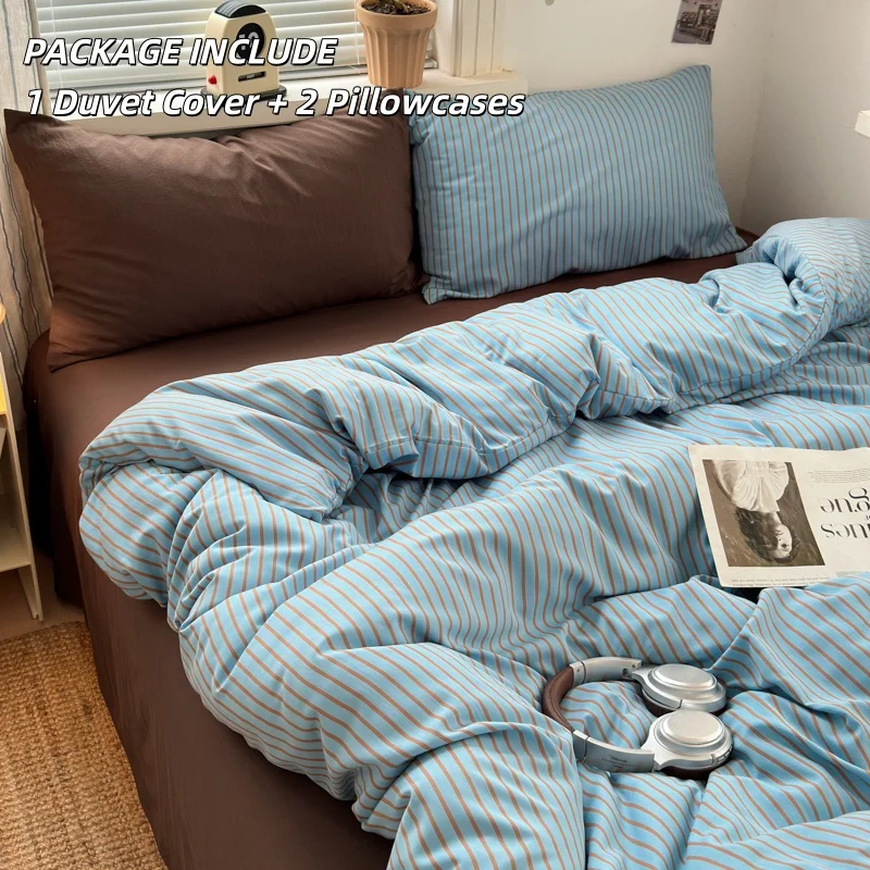Soft Washed Cotton Bedding Set Blue Brown Stripe Duvet Cover Set With 2 Pillowcases For Daily Bedroom Decor Twin Queen No Sheet