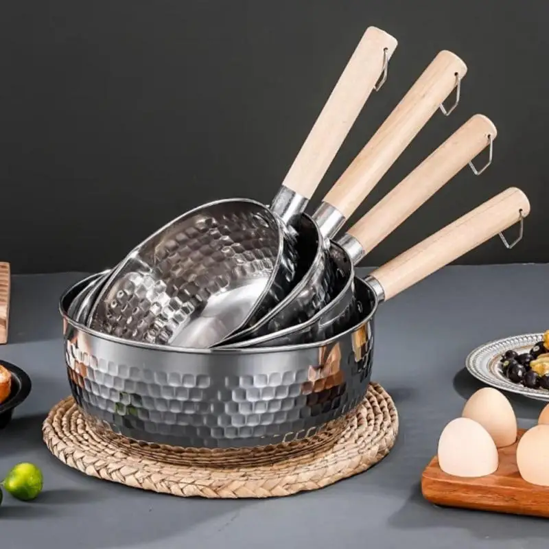【S】Stainless Steel Soup Pot Snow Pot Flat Bottom Non-Stick Wok Solid Wood Handle With Hook Stew Pot Milk Pot Kitchen Cookware