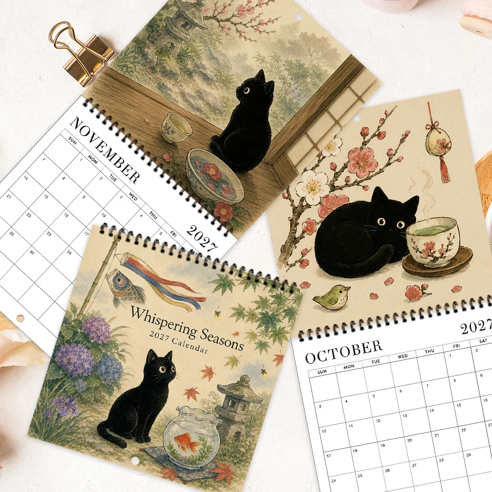 1pc 2027 Wall Calendar, Ukiyo-e Black Cat Theme, 12-month Monthly Planner, Perfect Gift For Birthdays, Christmas, New Year