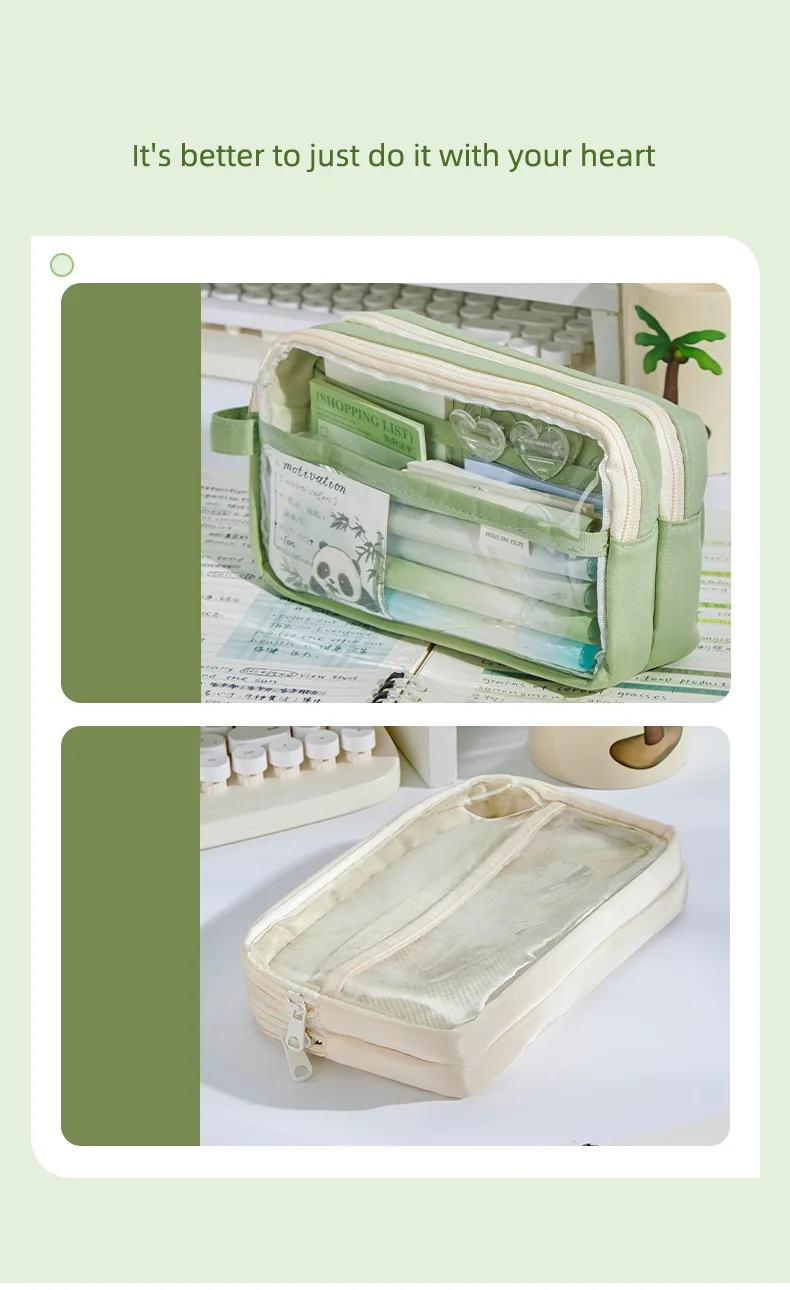 Handheld Double Layer Transparent Pencil Case Pen Bag Hitting Color Square Storage Pouch for Stationery School A7473