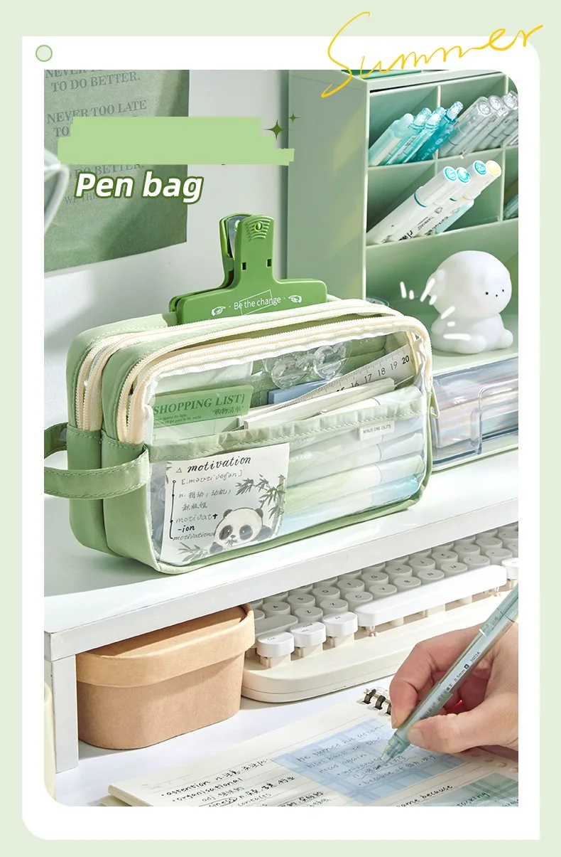 Handheld Double Layer Transparent Pencil Case Pen Bag Hitting Color Square Storage Pouch for Stationery School A7473