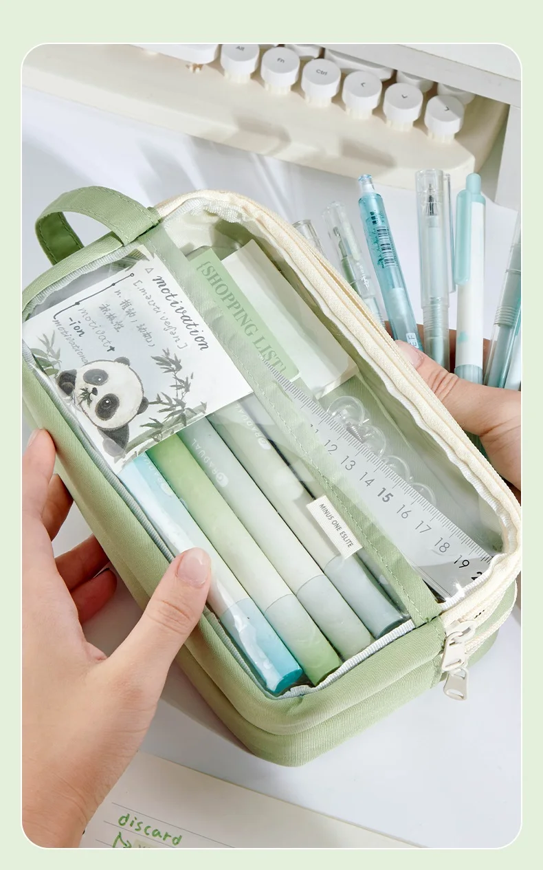 Handheld Double Layer Transparent Pencil Case Pen Bag Hitting Color Square Storage Pouch for Stationery School A7473