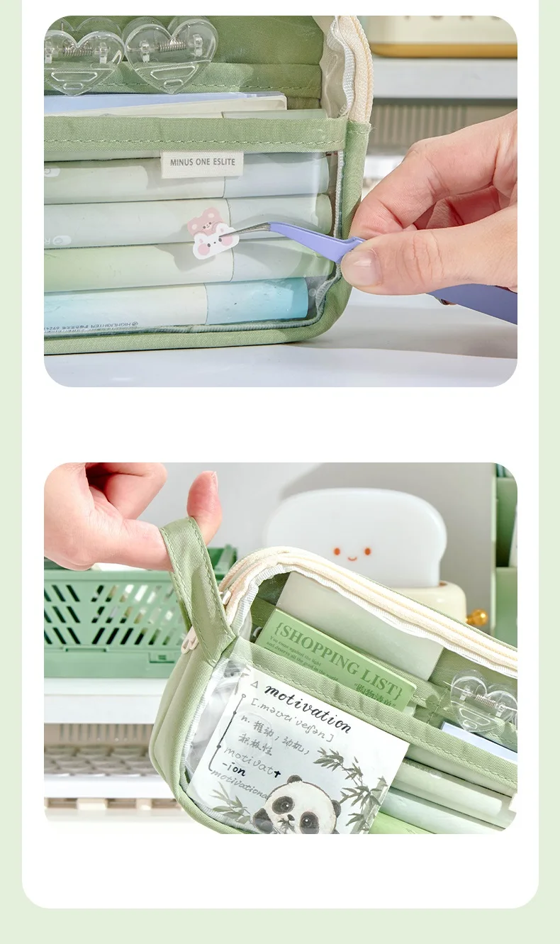 Handheld Double Layer Transparent Pencil Case Pen Bag Hitting Color Square Storage Pouch for Stationery School A7473