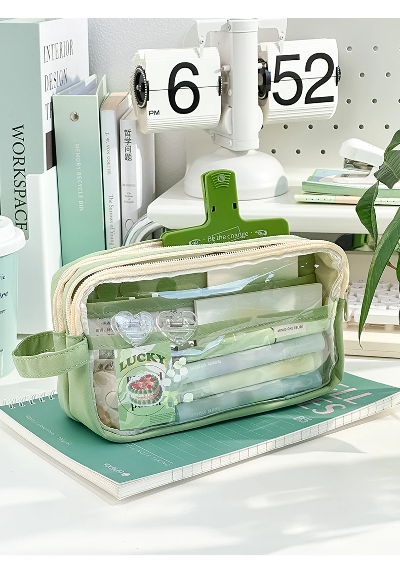 Handheld Double Layer Transparent Pencil Case Pen Bag Hitting Color Square Storage Pouch for Stationery School A7473