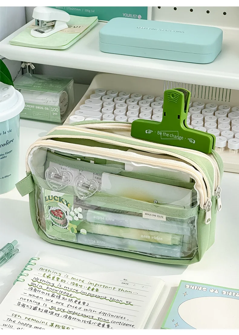 Handheld Double Layer Transparent Pencil Case Pen Bag Hitting Color Square Storage Pouch for Stationery School A7473
