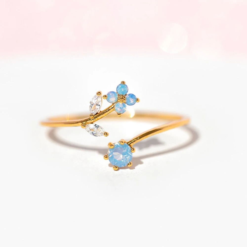 18K Gold Plated Simple Blue CZ Cute Flower Zircon Rings For Women Girls Teens Open Ring Fashion Aesthetic Jewelry