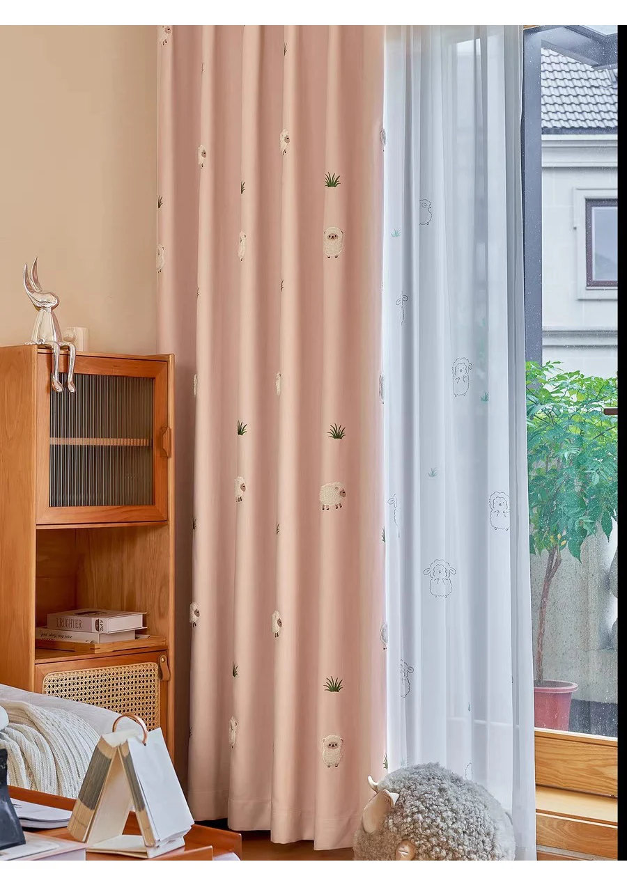 Green Cartoon Blackout Curtains 3D Embroidered Sheep Children Boys Girl Cortinas for Living Room Bedroom White Voile Curtains