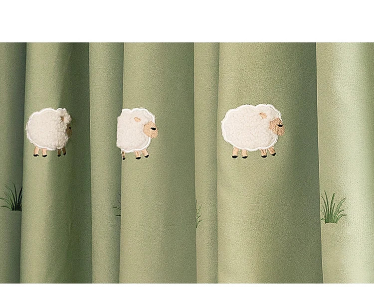Green Cartoon Blackout Curtains 3D Embroidered Sheep Children Boys Girl Cortinas for Living Room Bedroom White Voile Curtains