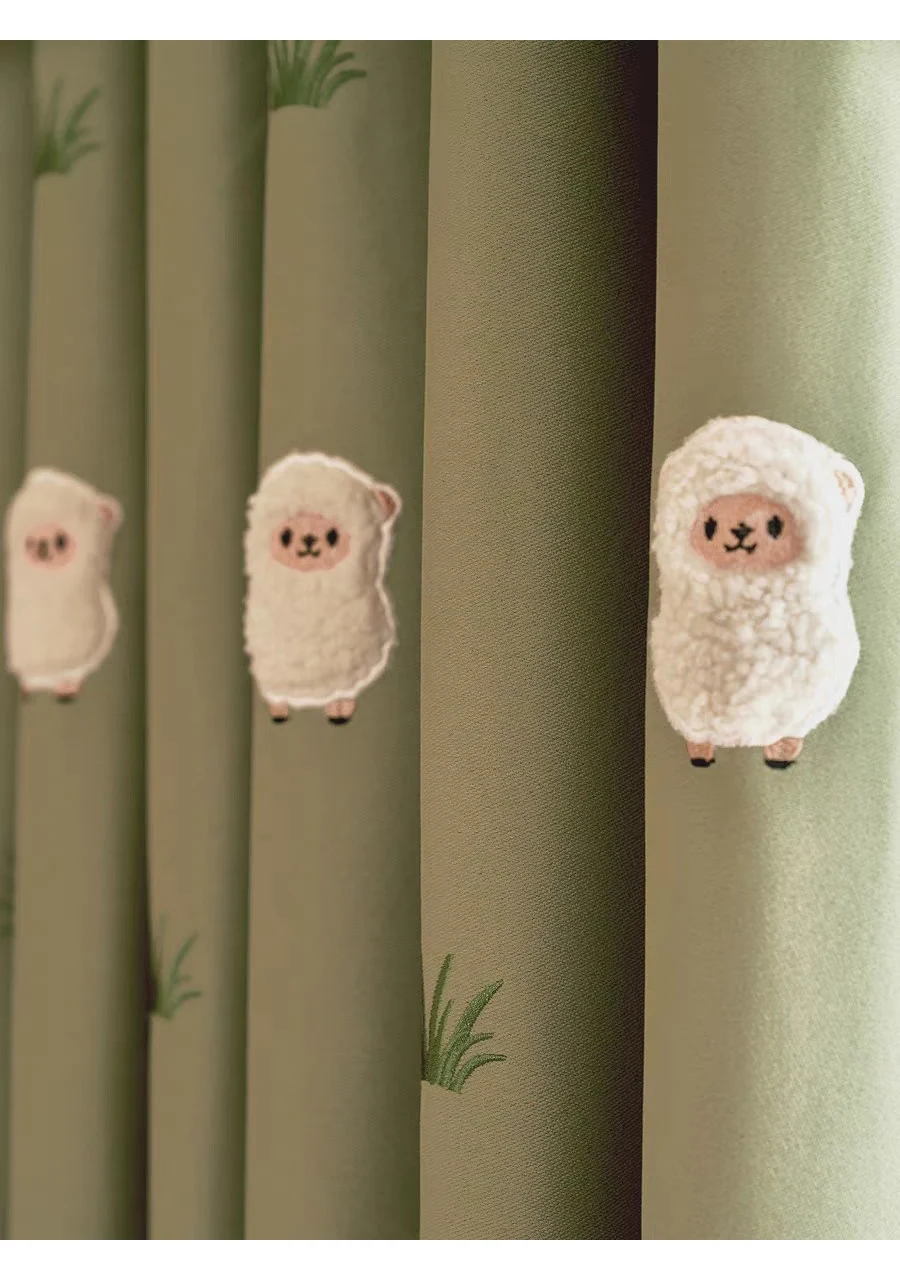 Green Cartoon Blackout Curtains 3D Embroidered Sheep Children Boys Girl Cortinas for Living Room Bedroom White Voile Curtains