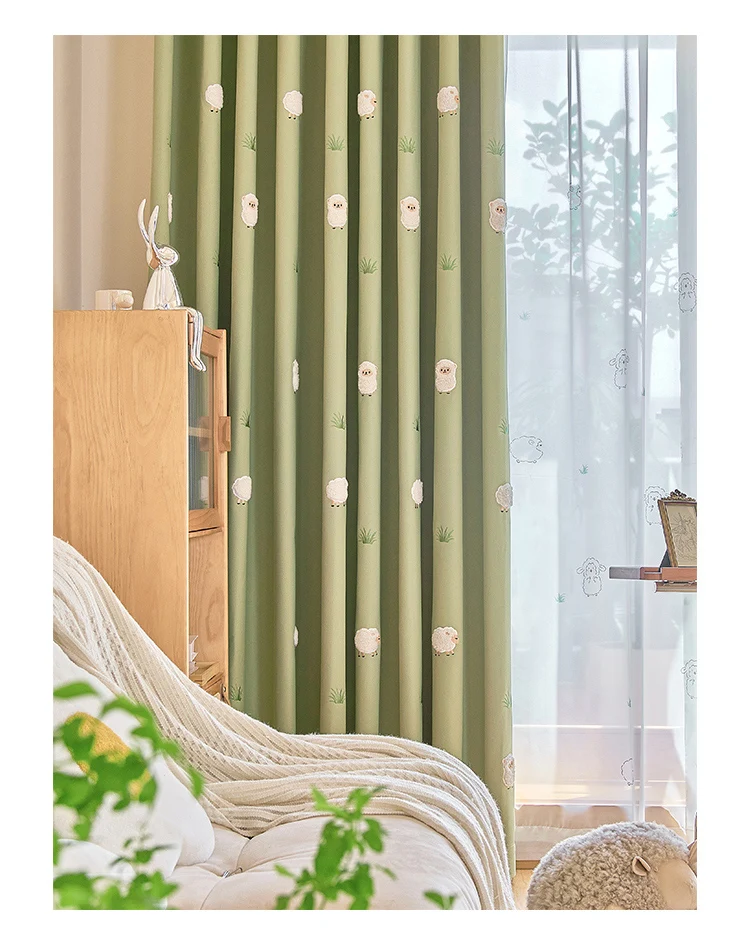 Green Cartoon Blackout Curtains 3D Embroidered Sheep Children Boys Girl Cortinas for Living Room Bedroom White Voile Curtains