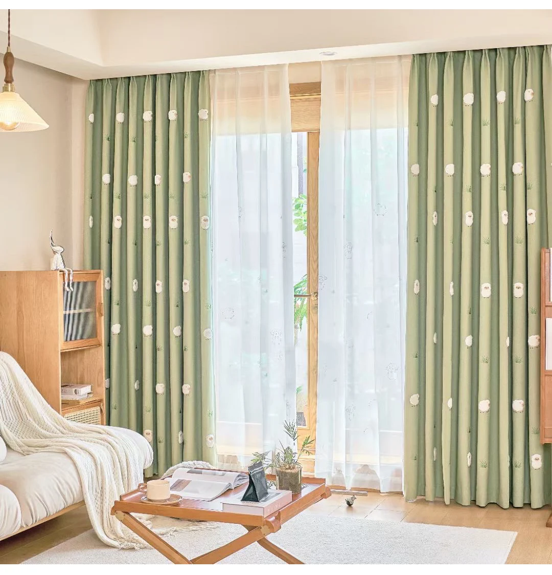 Green Cartoon Blackout Curtains 3D Embroidered Sheep Children Boys Girl Cortinas for Living Room Bedroom White Voile Curtains