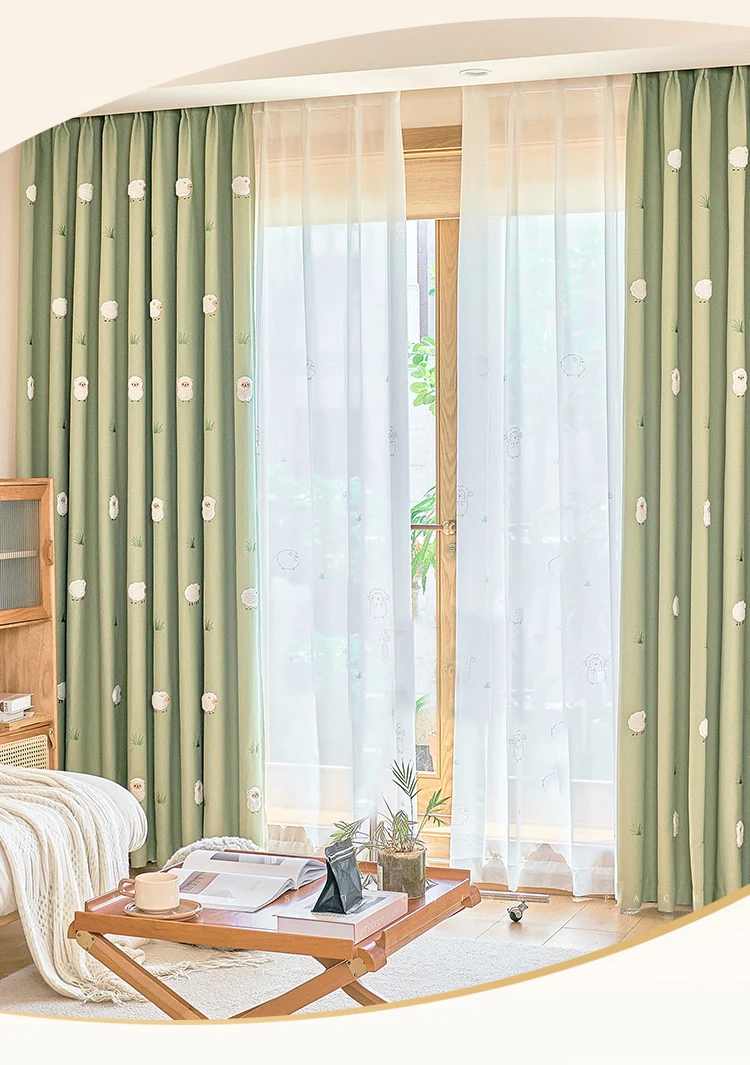 Green Cartoon Blackout Curtains 3D Embroidered Sheep Children Boys Girl Cortinas for Living Room Bedroom White Voile Curtains