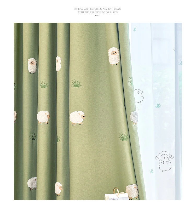 Green Cartoon Blackout Curtains 3D Embroidered Sheep Children Boys Girl Cortinas for Living Room Bedroom White Voile Curtains