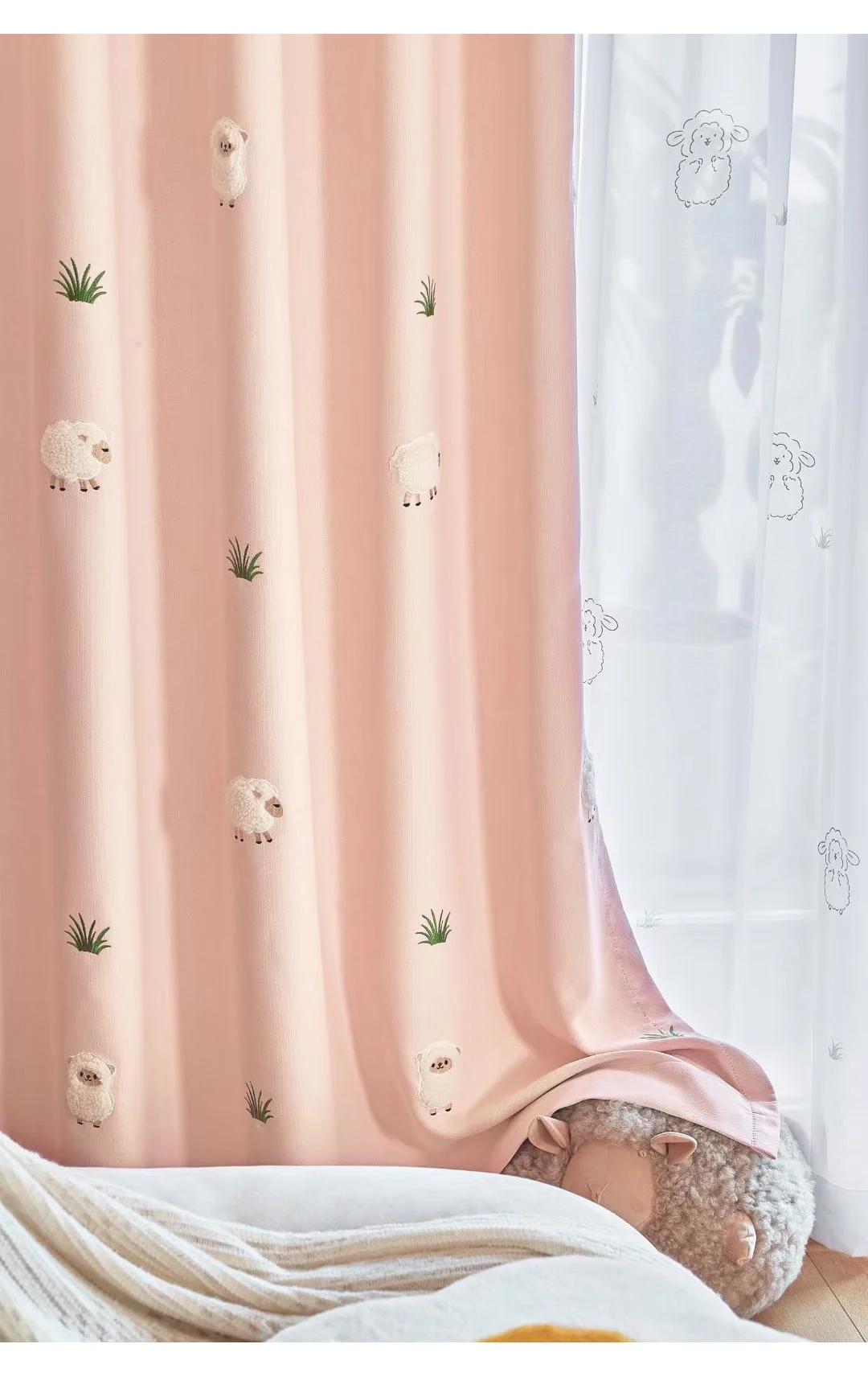 Green Cartoon Blackout Curtains 3D Embroidered Sheep Children Boys Girl Cortinas for Living Room Bedroom White Voile Curtains