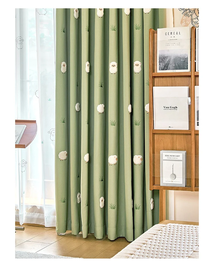 Green Cartoon Blackout Curtains 3D Embroidered Sheep Children Boys Girl Cortinas for Living Room Bedroom White Voile Curtains