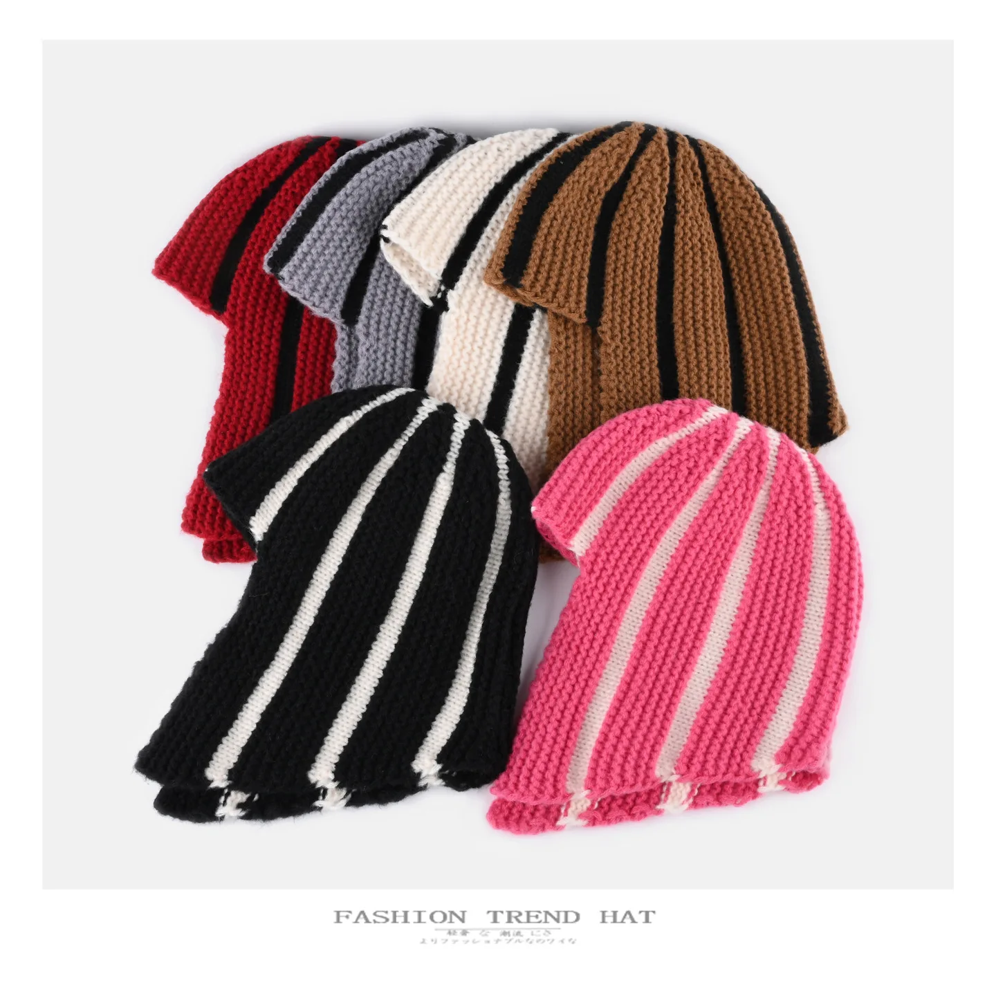 Dopamine Y2K Striped Knitted Wig‑Style Beanies for Women with Bangs Earflap Design Sweet Cute Warm Winter Casual Streetwear