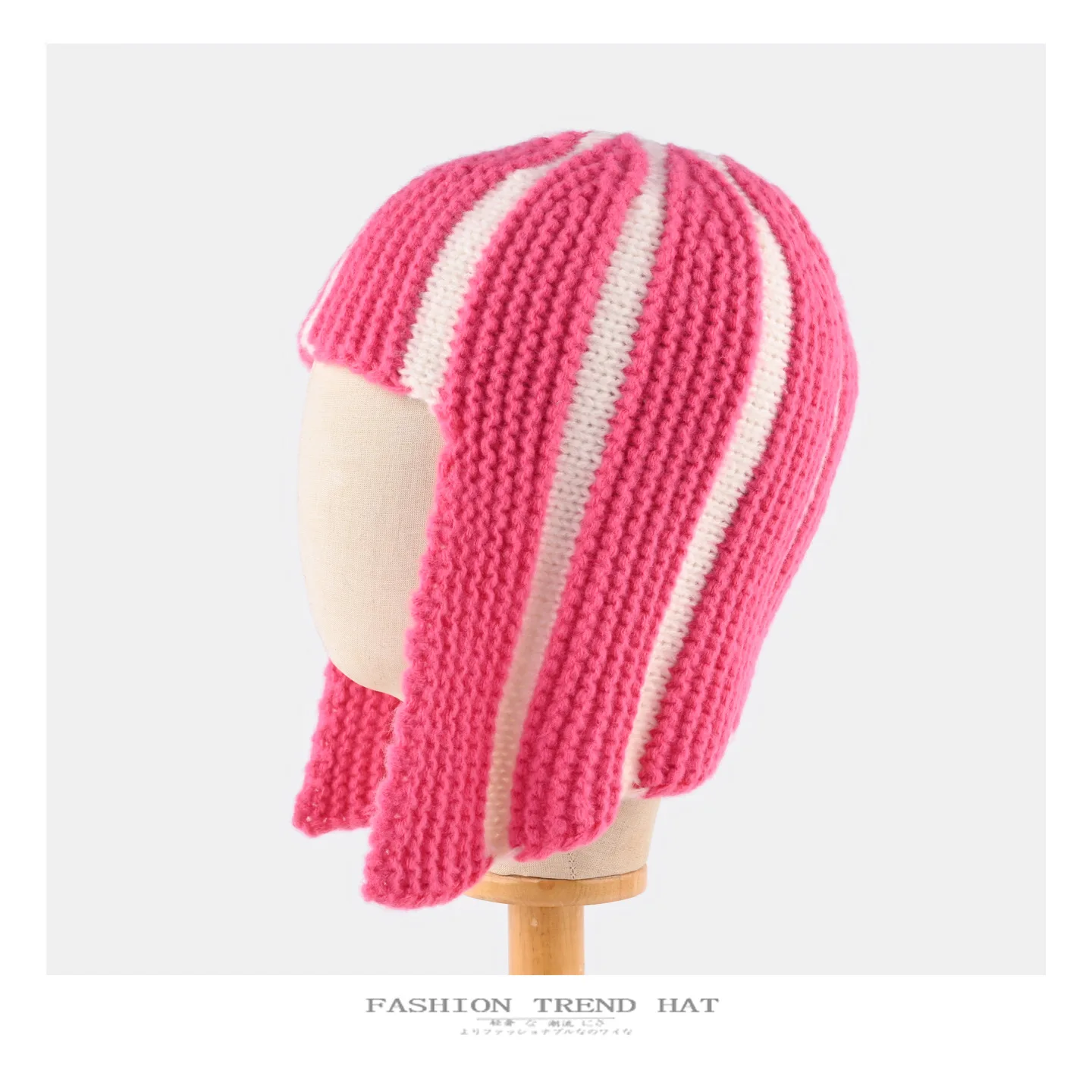 Dopamine Y2K Striped Knitted Wig‑Style Beanies for Women with Bangs Earflap Design Sweet Cute Warm Winter Casual Streetwear