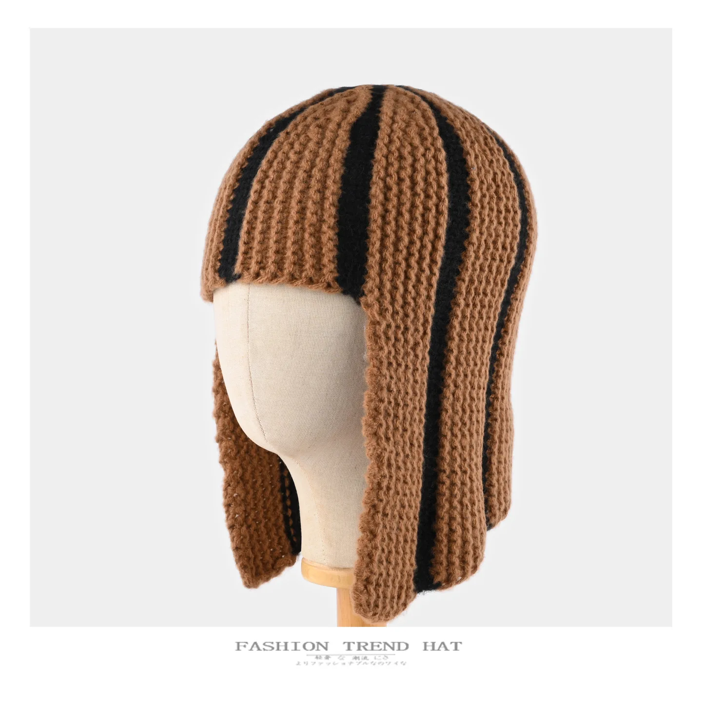 Dopamine Y2K Striped Knitted Wig‑Style Beanies for Women with Bangs Earflap Design Sweet Cute Warm Winter Casual Streetwear