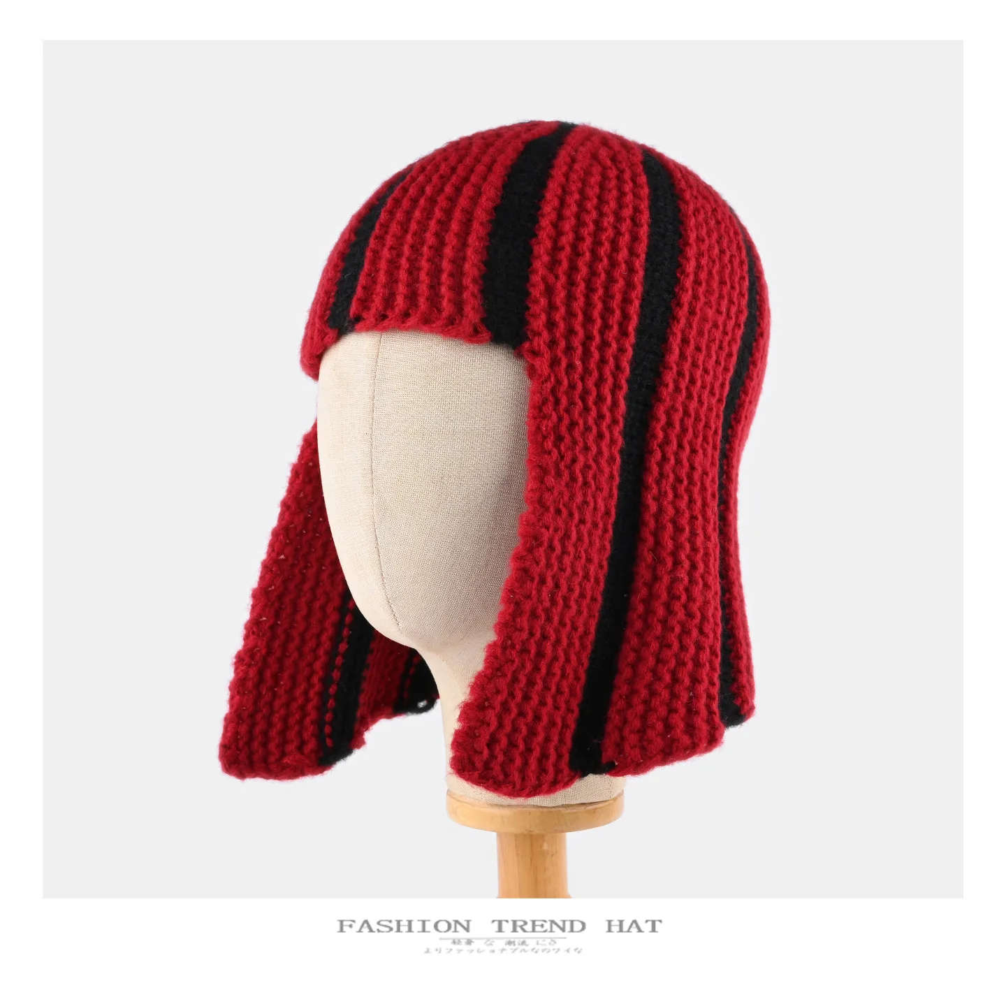 Dopamine Y2K Striped Knitted Wig‑Style Beanies for Women with Bangs Earflap Design Sweet Cute Warm Winter Casual Streetwear