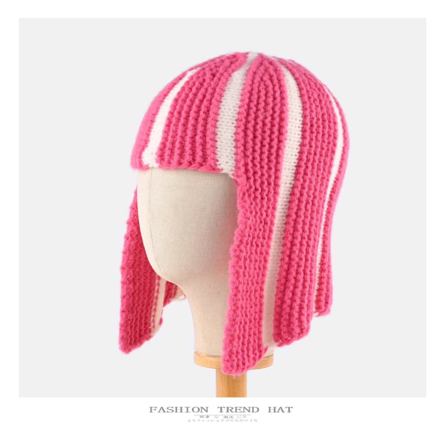 Dopamine Y2K Striped Knitted Wig‑Style Beanies for Women with Bangs Earflap Design Sweet Cute Warm Winter Casual Streetwear