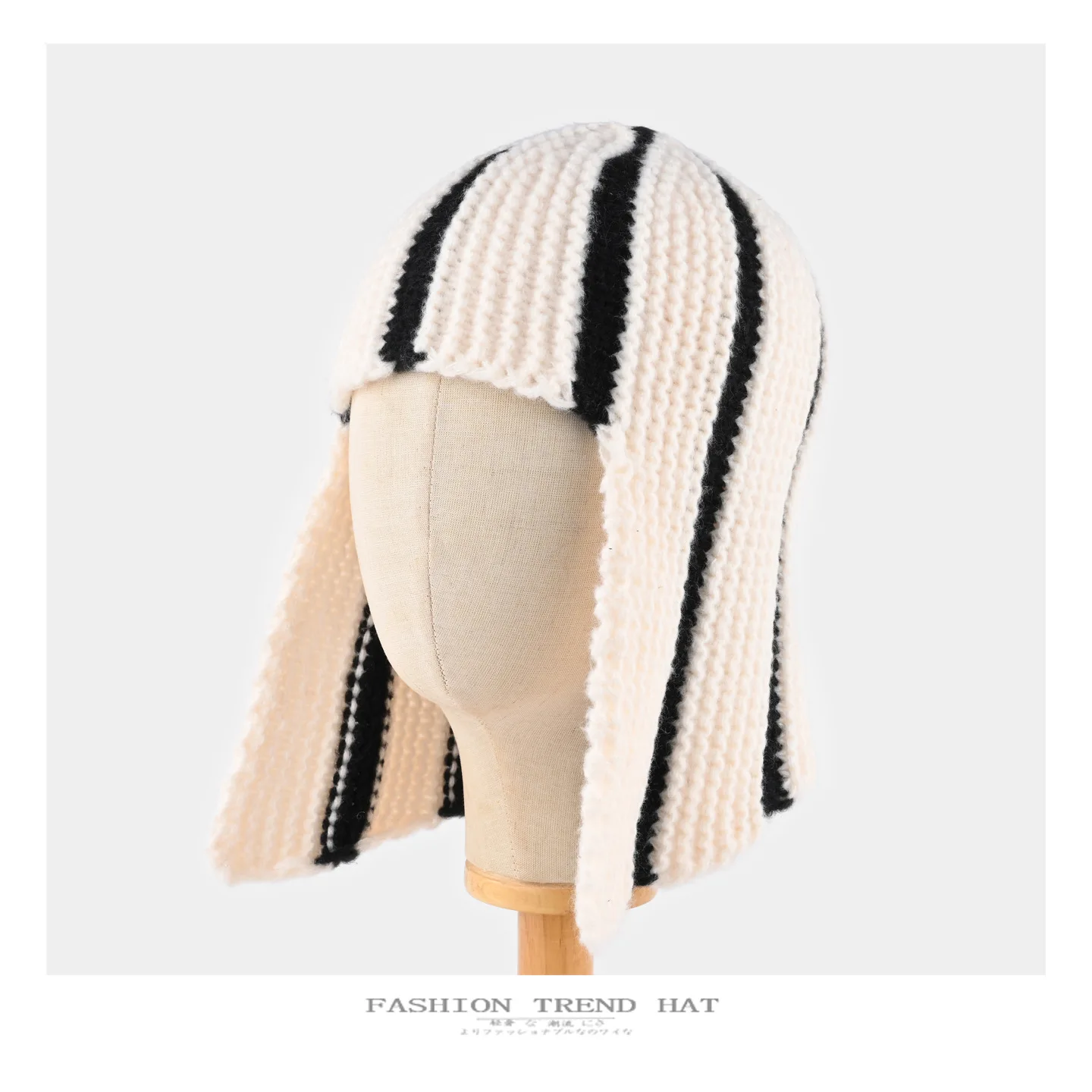 Dopamine Y2K Striped Knitted Wig‑Style Beanies for Women with Bangs Earflap Design Sweet Cute Warm Winter Casual Streetwear