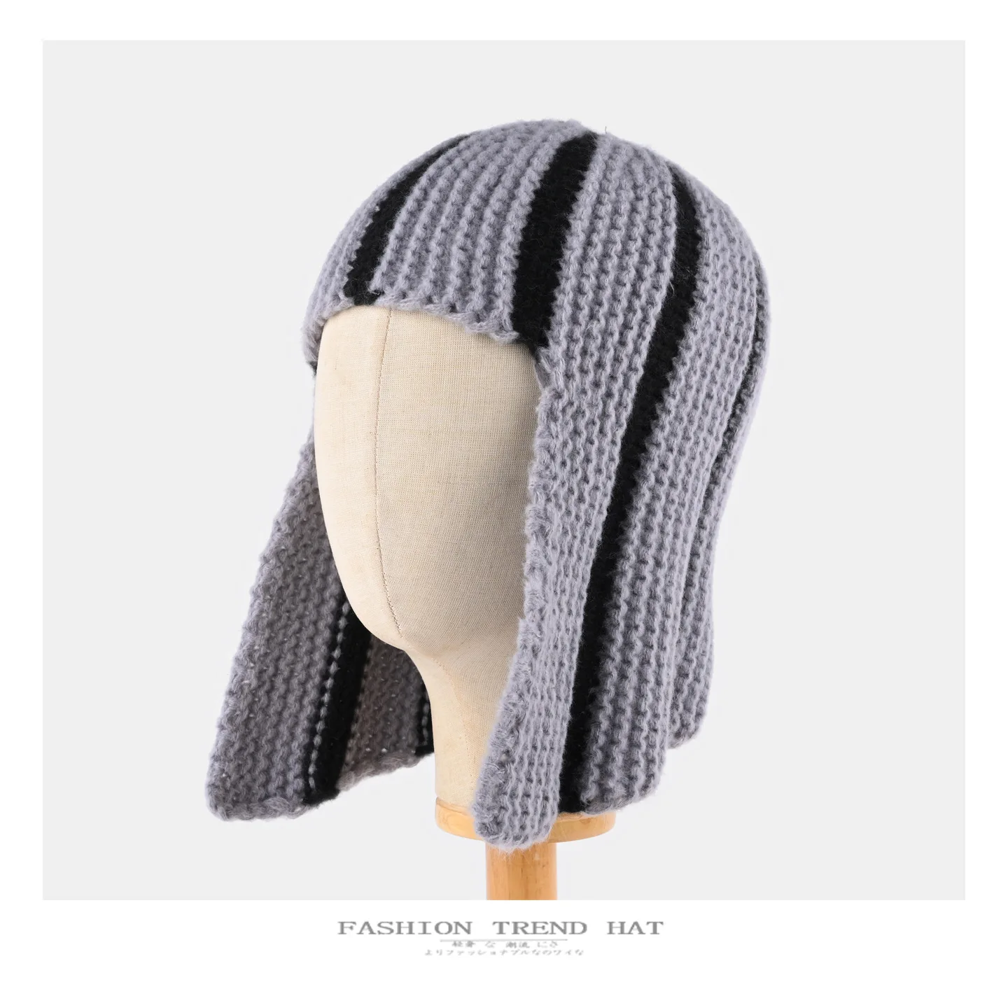 Dopamine Y2K Striped Knitted Wig‑Style Beanies for Women with Bangs Earflap Design Sweet Cute Warm Winter Casual Streetwear
