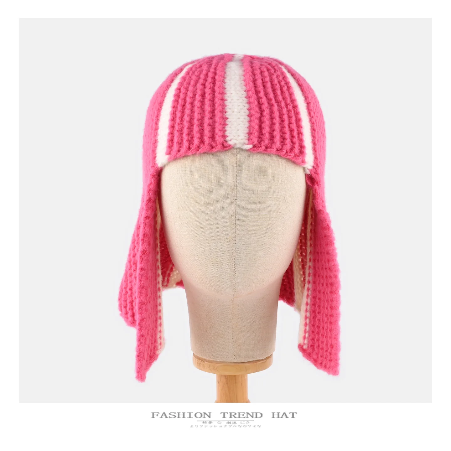 Dopamine Y2K Striped Knitted Wig‑Style Beanies for Women with Bangs Earflap Design Sweet Cute Warm Winter Casual Streetwear