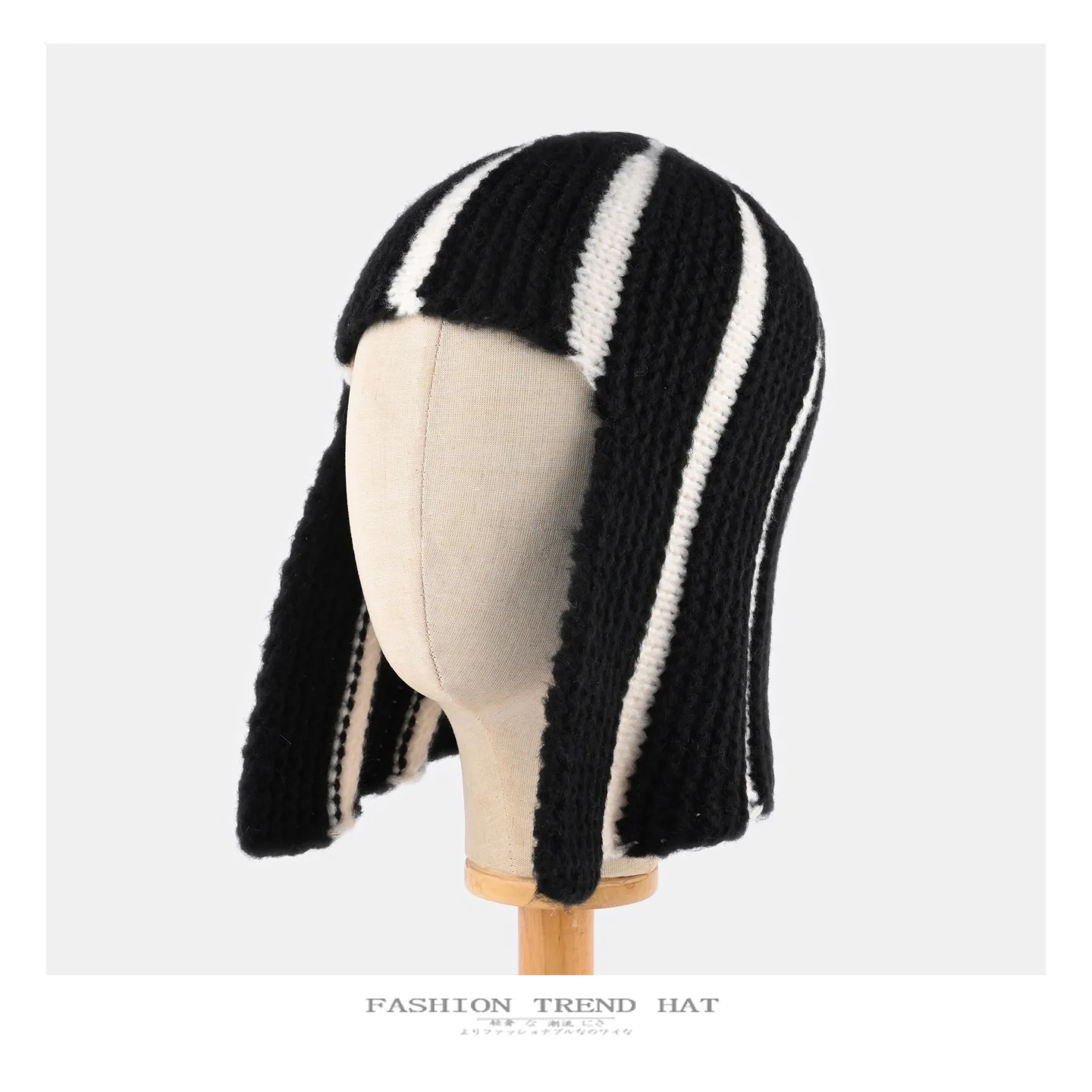 Dopamine Y2K Striped Knitted Wig‑Style Beanies for Women with Bangs Earflap Design Sweet Cute Warm Winter Casual Streetwear