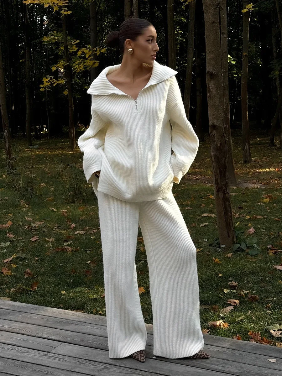 Wolfeel Women's New Autumn Winter Collared Half Zip Ribbed Knit 2-Piece Set Oversized Wide Leg Pants Fashion Sweater Suit