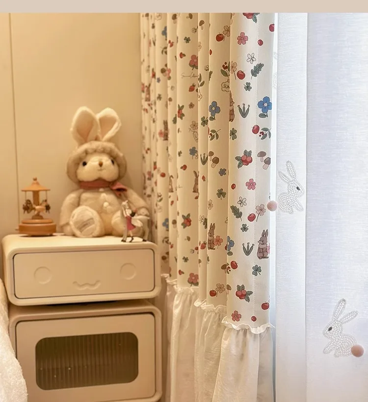 Little Flower Rabbit Cream French Children's Room Cute Cartoon Princess Girl Bedroom Blackout Skirt Curtain Design