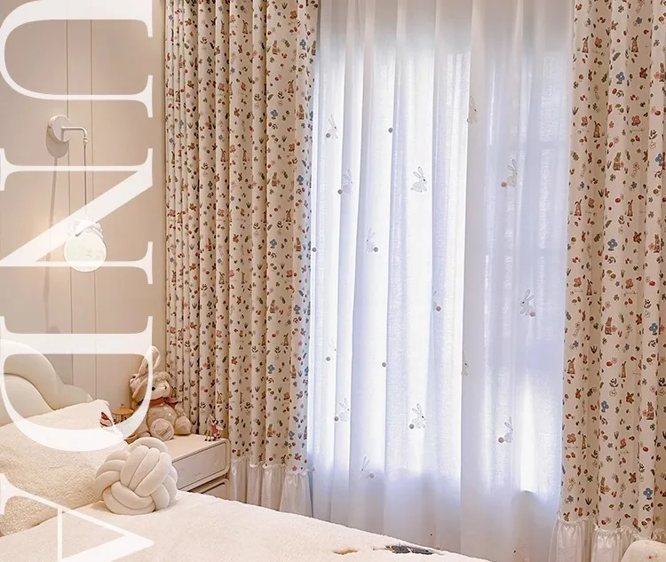 Little Flower Rabbit Cream French Children's Room Cute Cartoon Princess Girl Bedroom Blackout Skirt Curtain Design