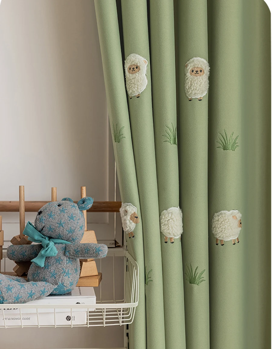 Cartoon Green Animal Lamb Embroidery Kids Bedroom Privacy Curtains ,Boys Girls Room Thickened Chenille Blackout Windows Drapes