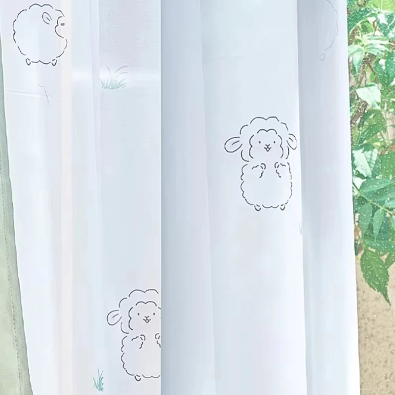 Cartoon Green Animal Lamb Embroidery Kids Bedroom Privacy Curtains ,Boys Girls Room Thickened Chenille Blackout Windows Drapes