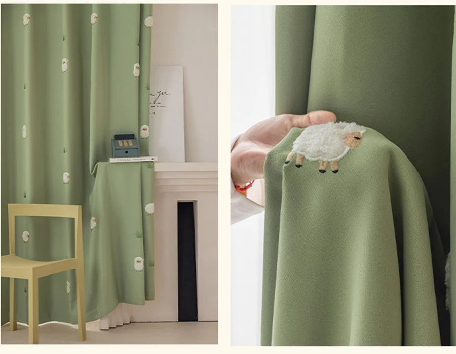Cartoon Green Animal Lamb Embroidery Kids Bedroom Privacy Curtains ,Boys Girls Room Thickened Chenille Blackout Windows Drapes