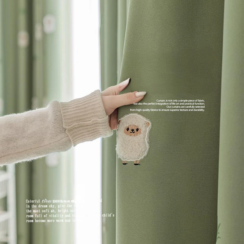 Cartoon Green Animal Lamb Embroidery Kids Bedroom Privacy Curtains ,Boys Girls Room Thickened Chenille Blackout Windows Drapes