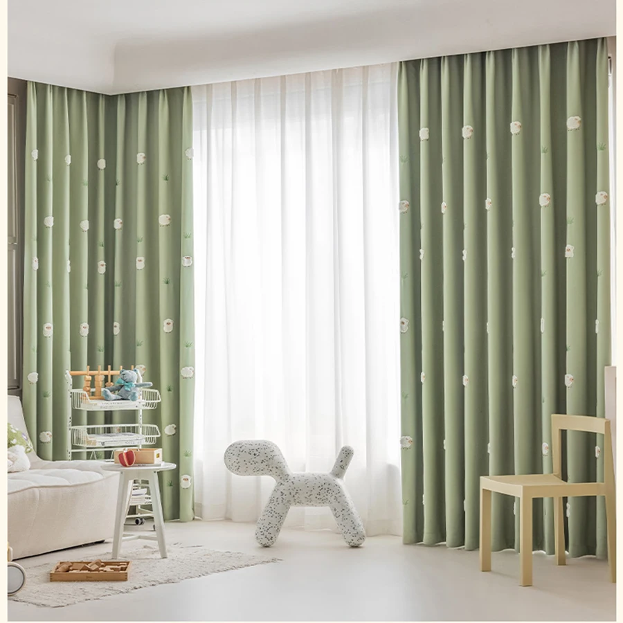 Cartoon Green Animal Lamb Embroidery Kids Bedroom Privacy Curtains ,Boys Girls Room Thickened Chenille Blackout Windows Drapes