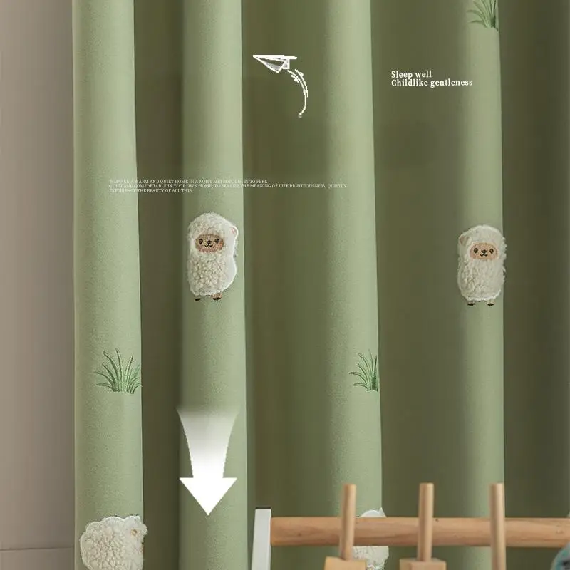 Cartoon Green Animal Lamb Embroidery Kids Bedroom Privacy Curtains ,Boys Girls Room Thickened Chenille Blackout Windows Drapes