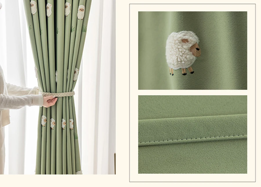 Cartoon Green Animal Lamb Embroidery Kids Bedroom Privacy Curtains ,Boys Girls Room Thickened Chenille Blackout Windows Drapes