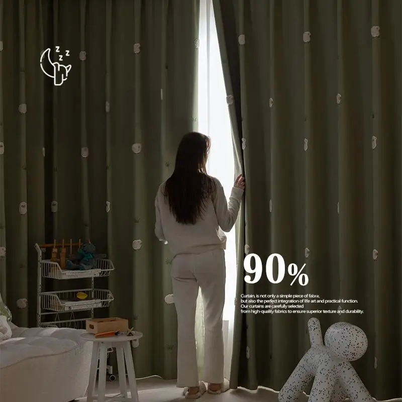 Cartoon Green Animal Lamb Embroidery Kids Bedroom Privacy Curtains ,Boys Girls Room Thickened Chenille Blackout Windows Drapes
