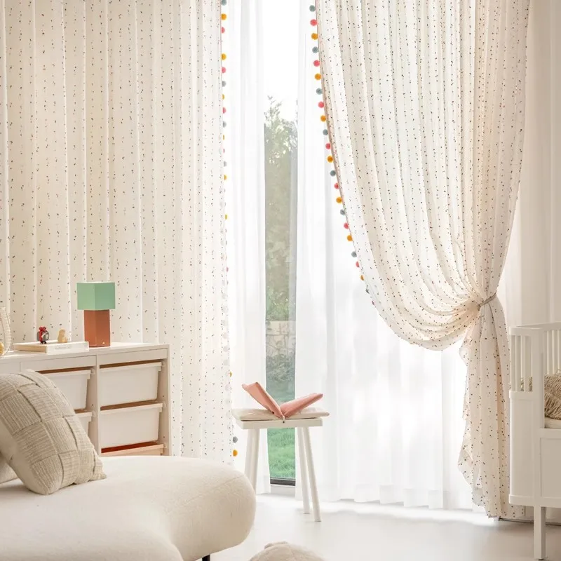1Pair Cute Rainbow Hairball Embroidered Sheer Tulle Curtain with Pom-pom Tassels Lace For Living Room Childrens Room Home Decor