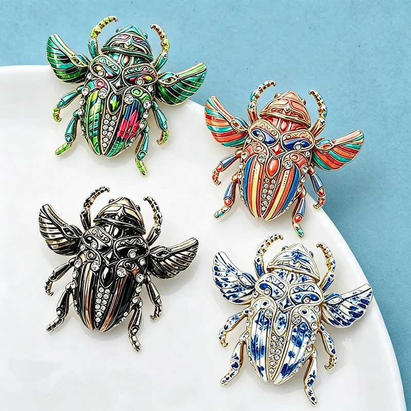 Wuli&baby Lovely Beetle Brooches For Women Men 4-color Rhinestone Blue-and-white Porcelain Insects Party Casual Brooch Pins Gift
