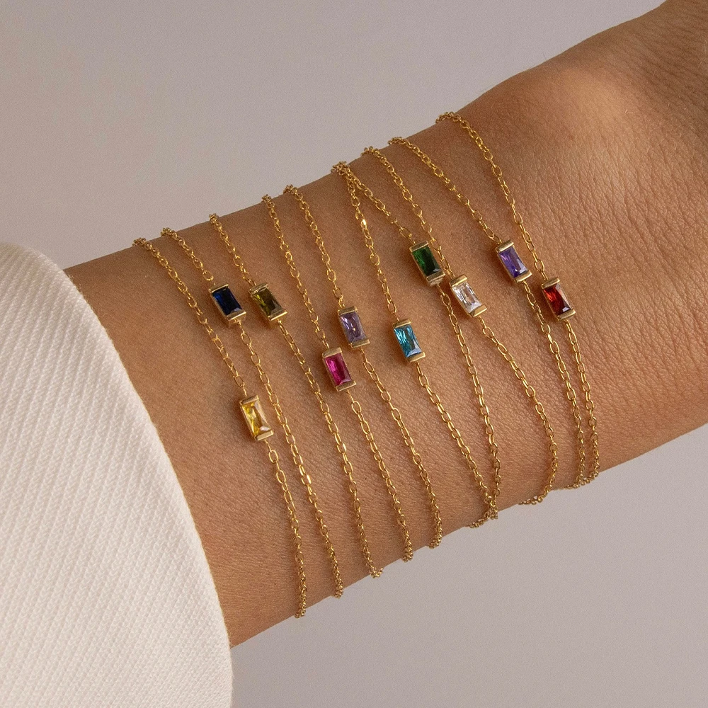 EMANCO Fashion Jewelry Stainless Steel 7*3MM Square Birthstone Bracelet Sparkling High-grade Rhinestone Bangle Gift