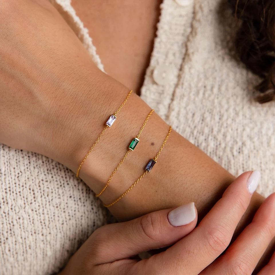 EMANCO Fashion Jewelry Stainless Steel 7*3MM Square Birthstone Bracelet Sparkling High-grade Rhinestone Bangle Gift