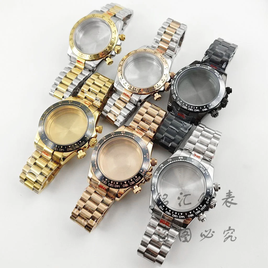VK63 40mm Daytona Black Bezel Presidential Bracelet Watch Case Sapphire Glass Watch Accessories for VK63 VK64 Quartz Movement