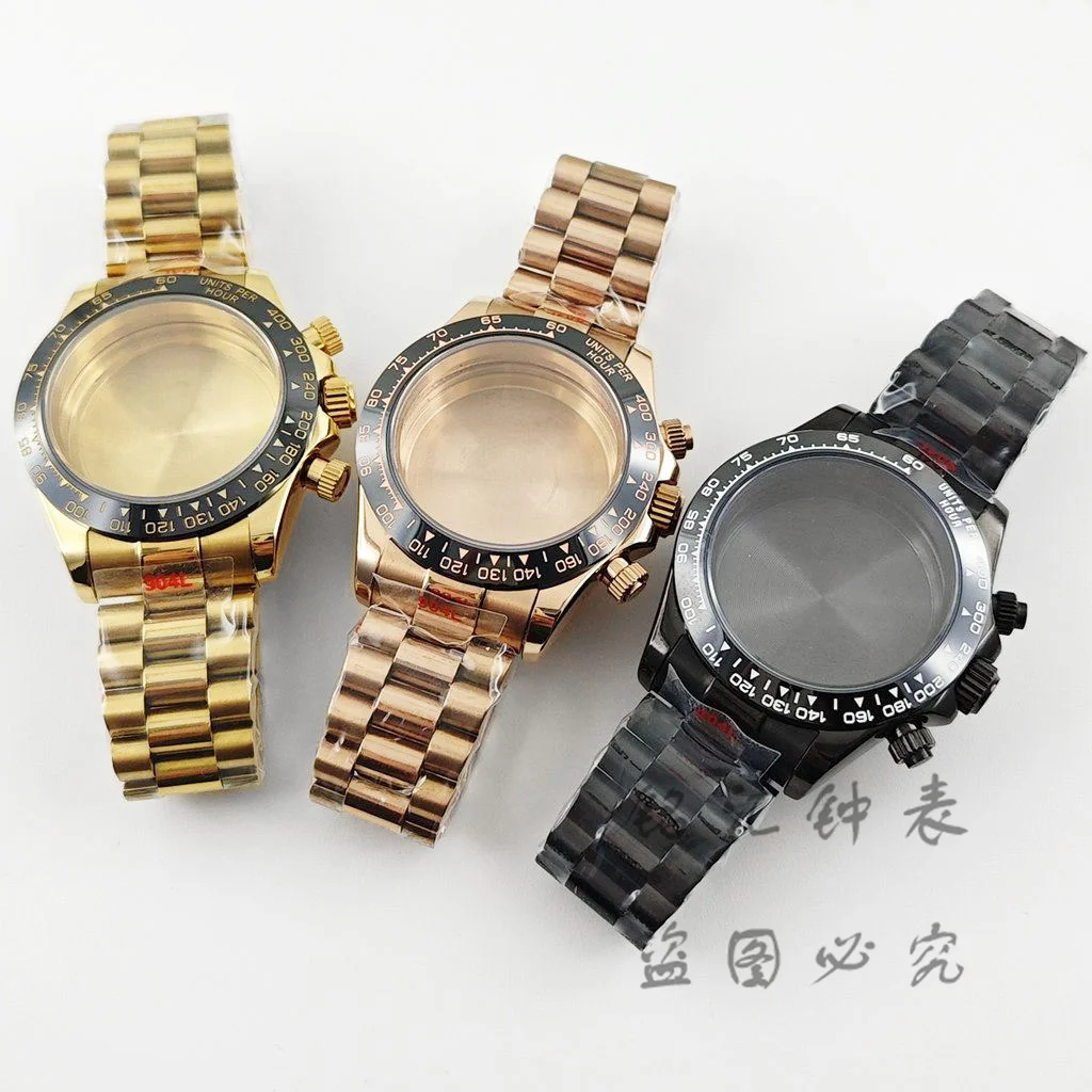 VK63 40mm Daytona Black Bezel Presidential Bracelet Watch Case Sapphire Glass Watch Accessories for VK63 VK64 Quartz Movement